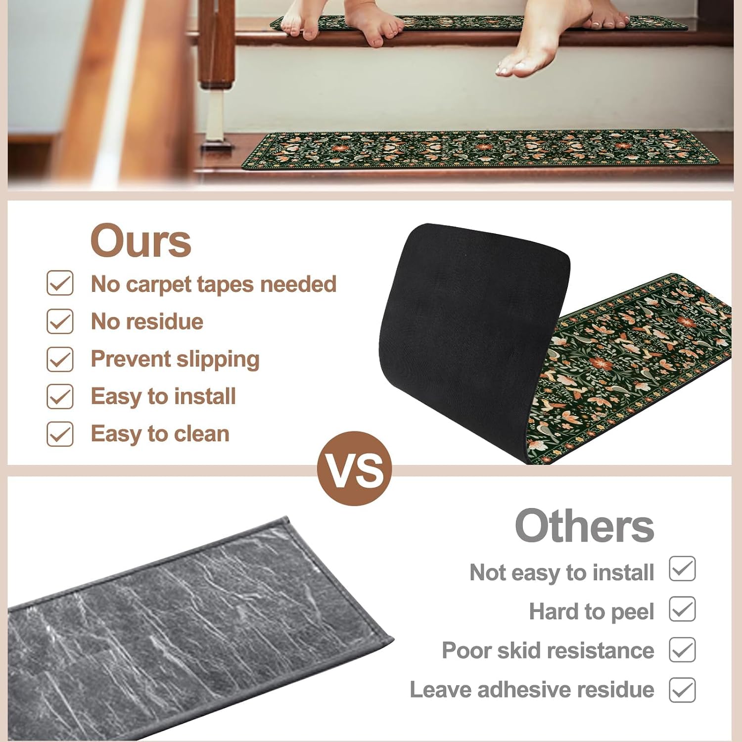 Black Floral Non Slip Stair Mats