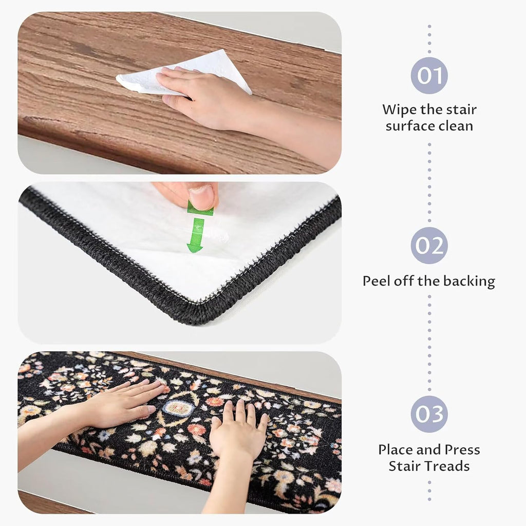 Black Floral Self-Adhesive Stair Rugs
