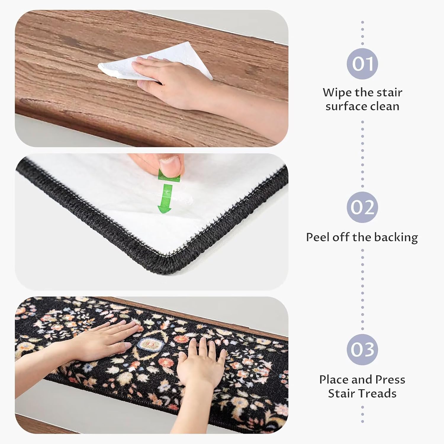Black Floral Self-Adhesive Stair Rugs