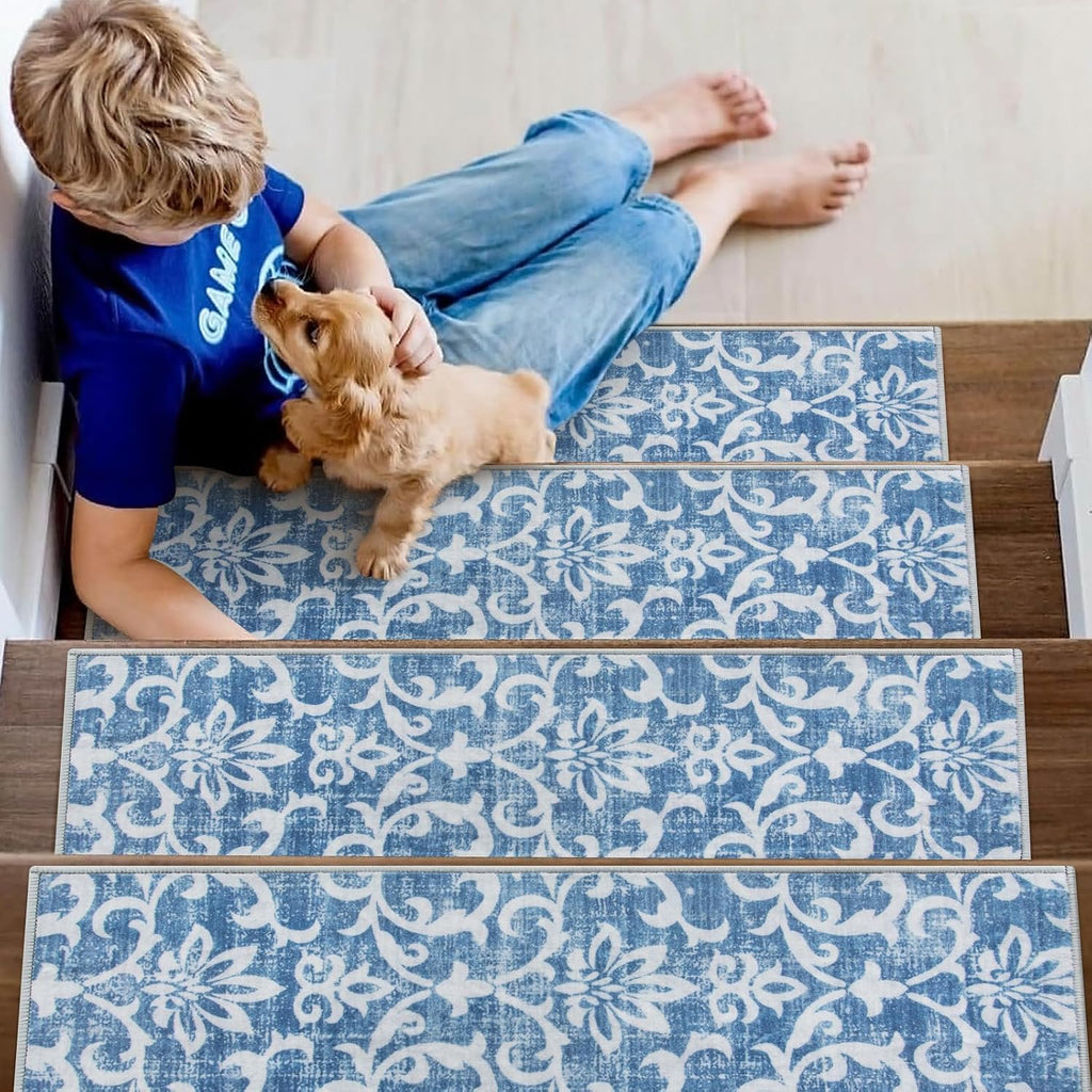 Blue Non Slip Washable Stair Carpet Treads