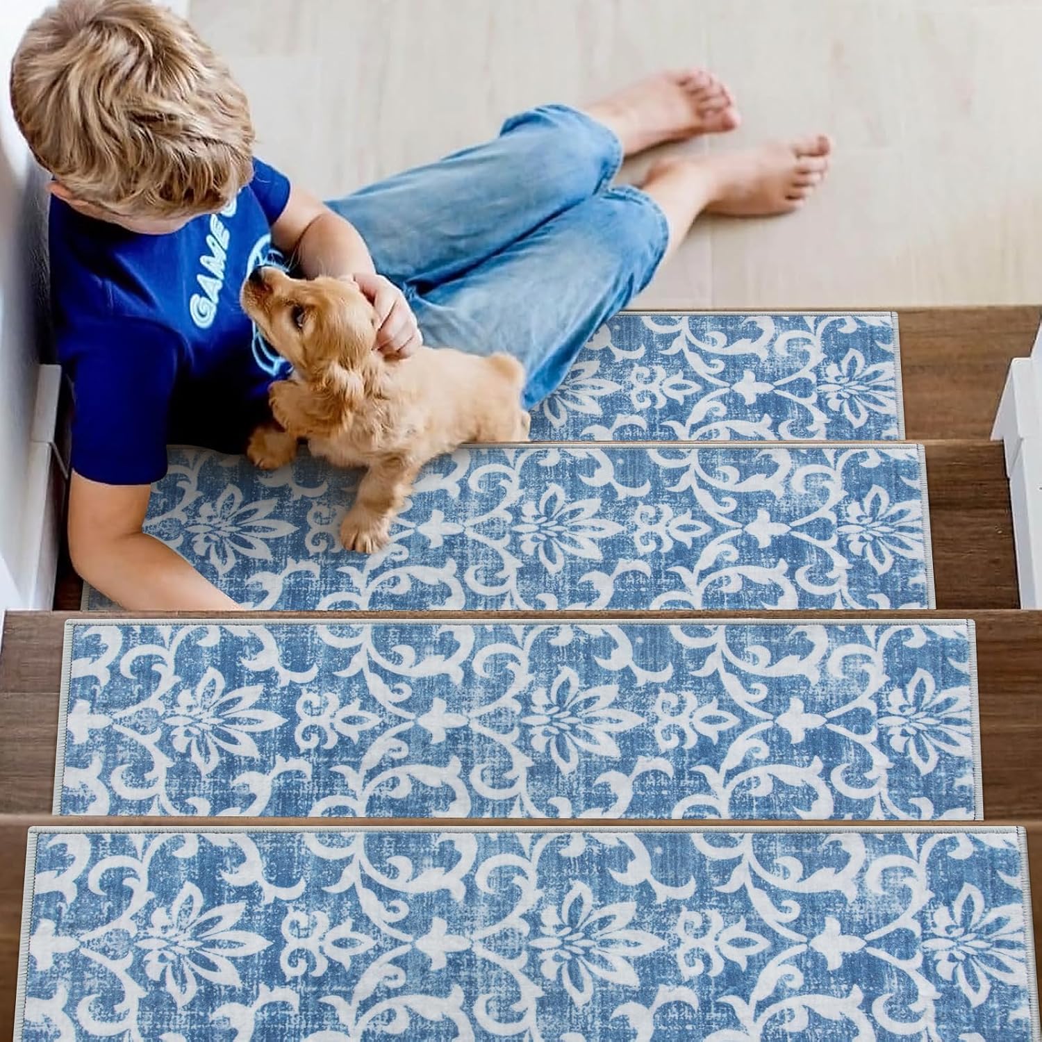 Blue Non Slip Washable Stair Carpet Treads