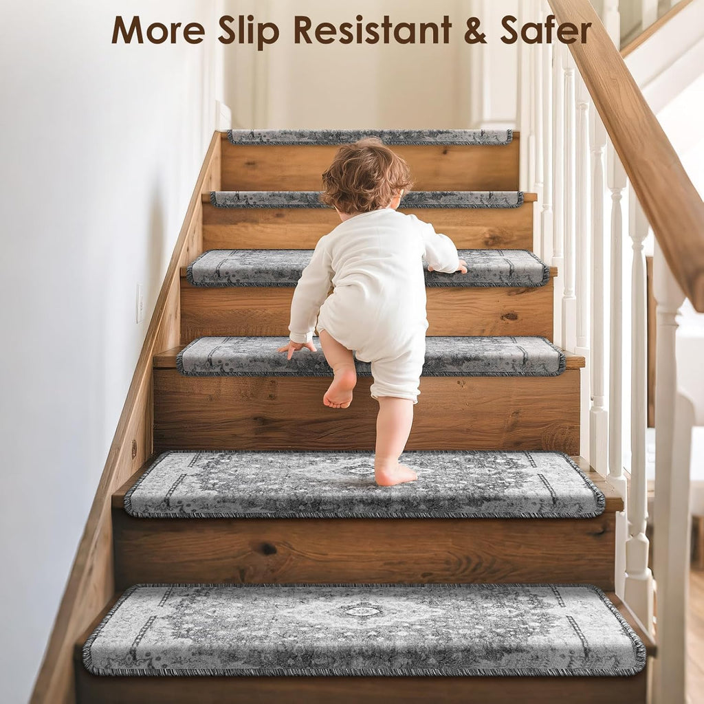 Non Slip Grey Washable Stair Carpet Treads
