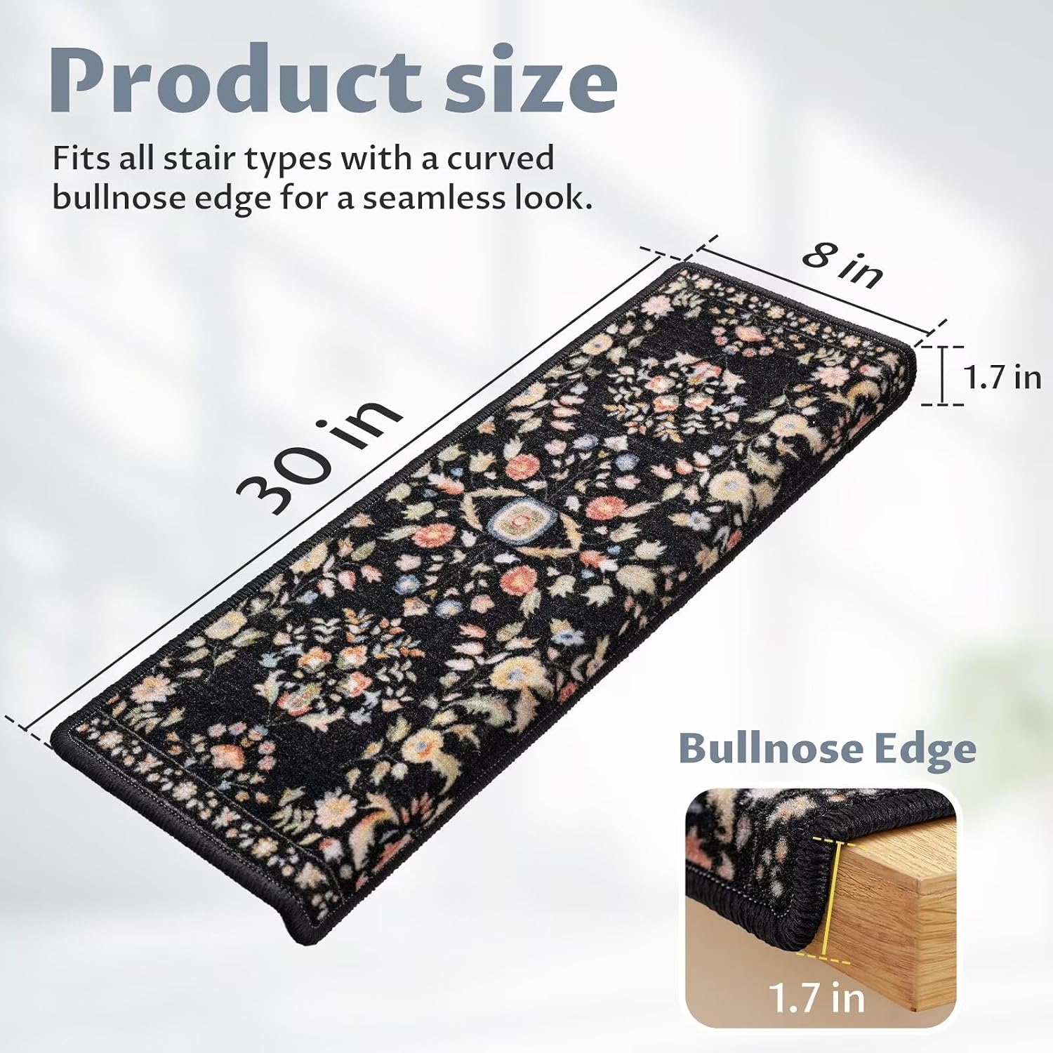 Black Floral Self-Adhesive Stair Rugs