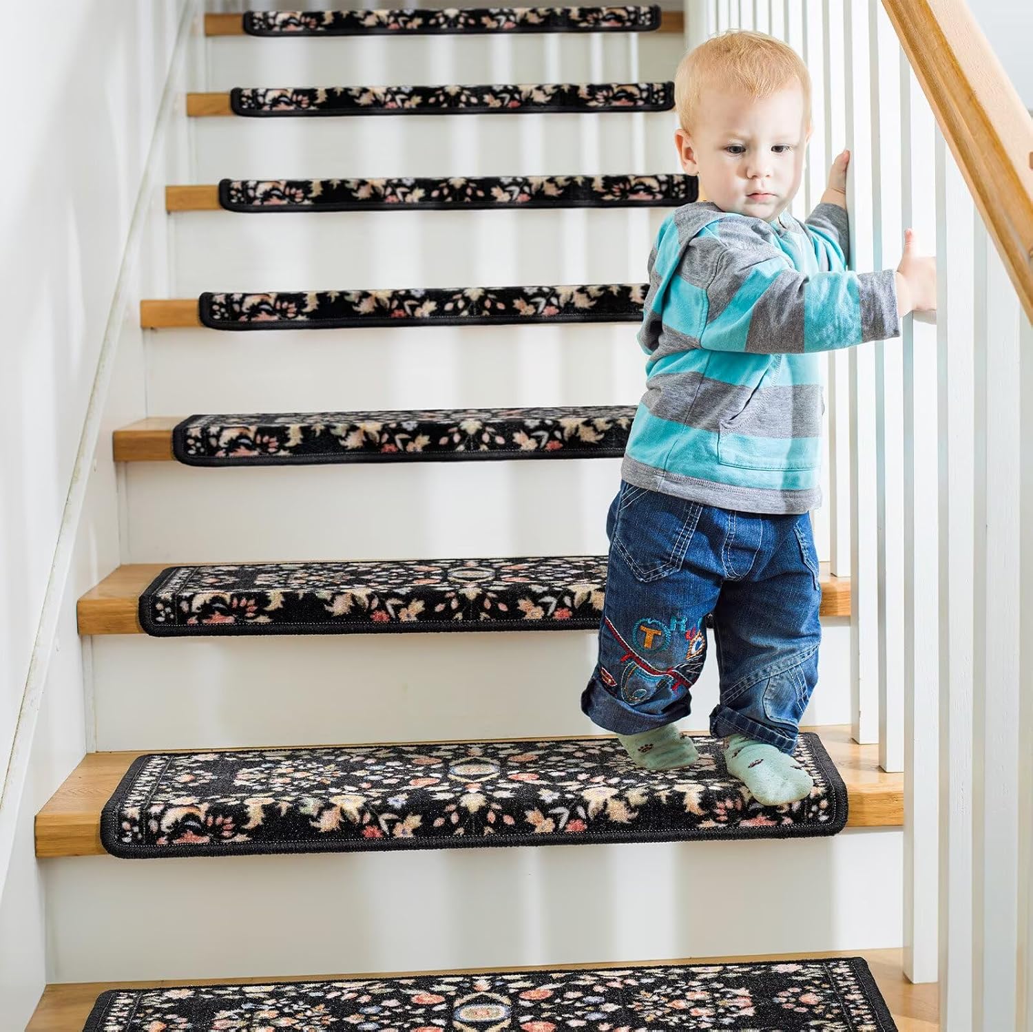 Black Floral Self-Adhesive Stair Rugs