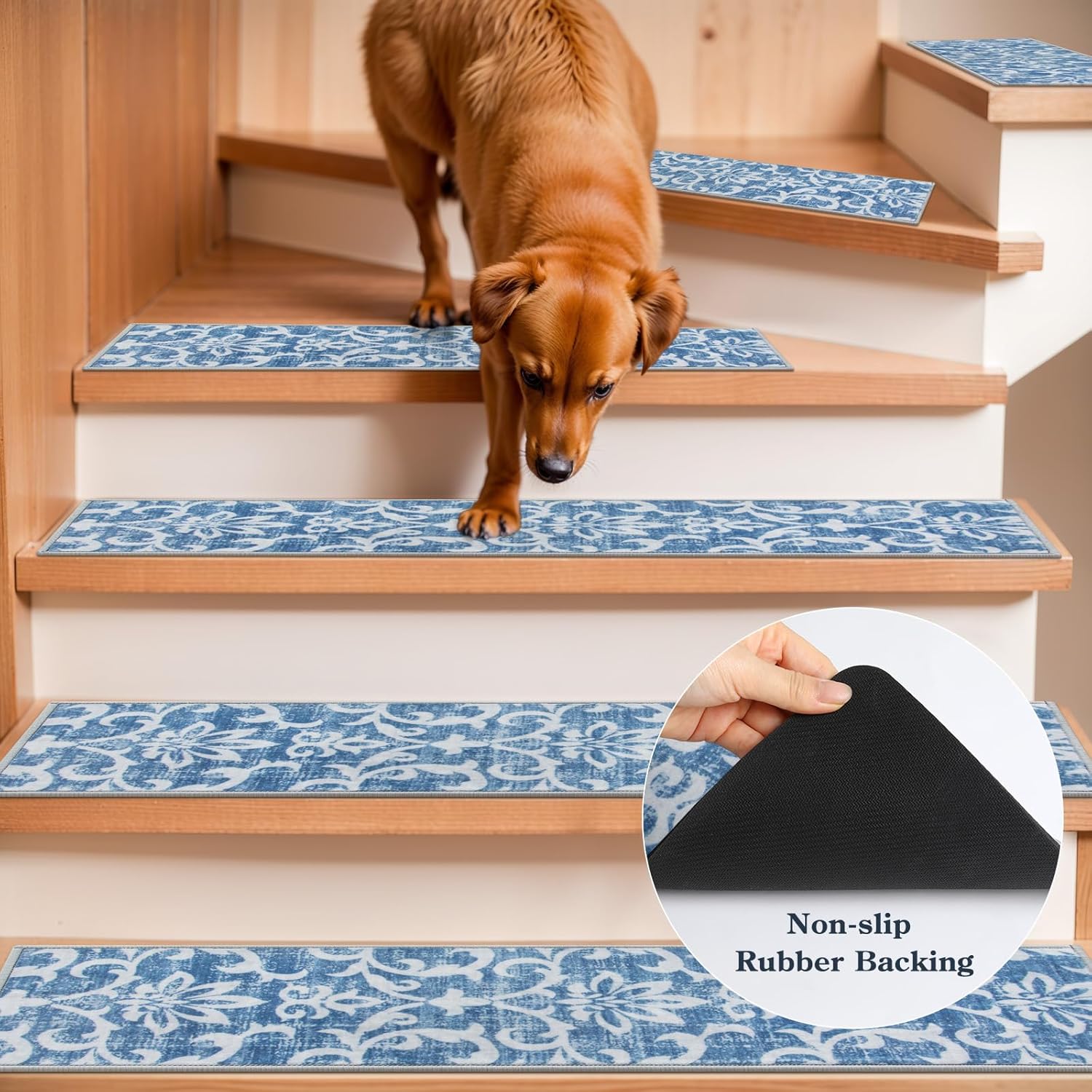 Blue Non Slip Washable Stair Carpet Treads
