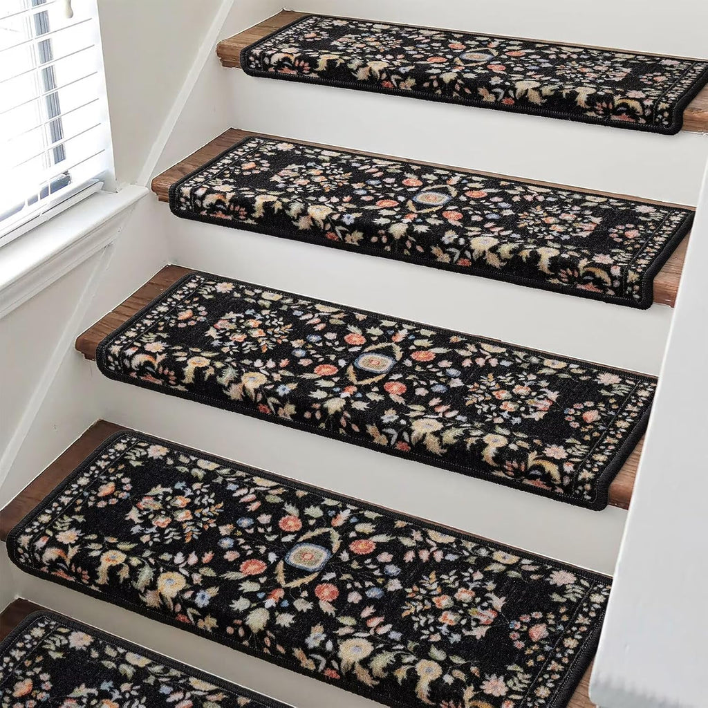Black Floral Self-Adhesive Stair Rugs
