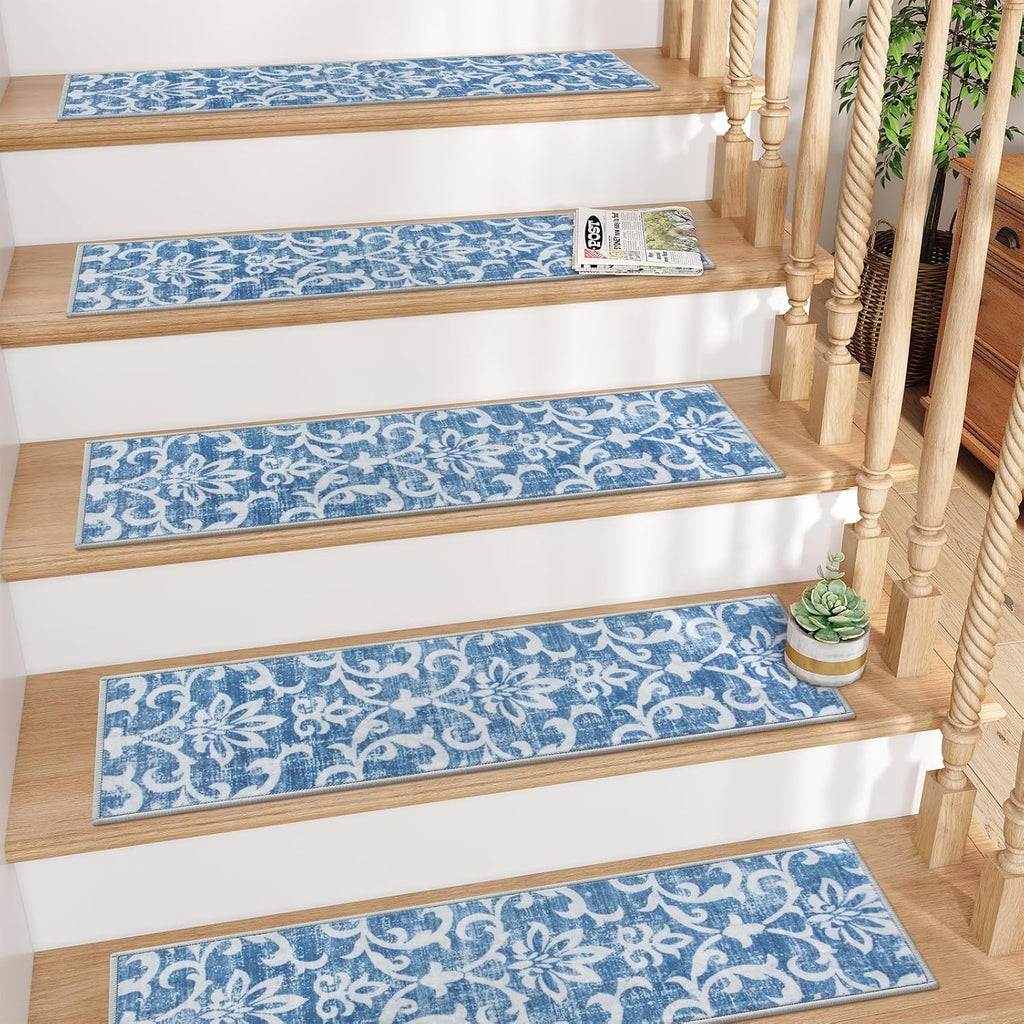 Blue Non Slip Washable Stair Carpet Treads