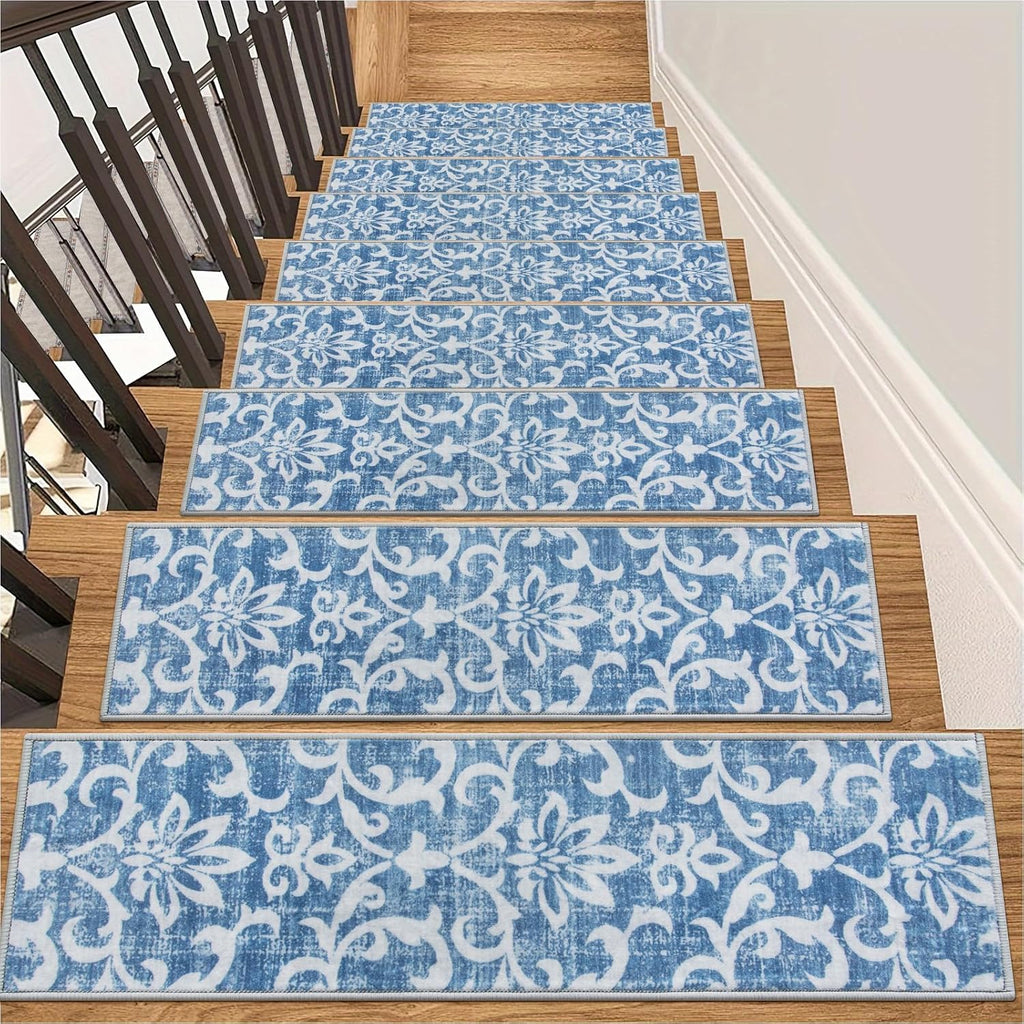 Blue Non Slip Washable Stair Carpet Treads