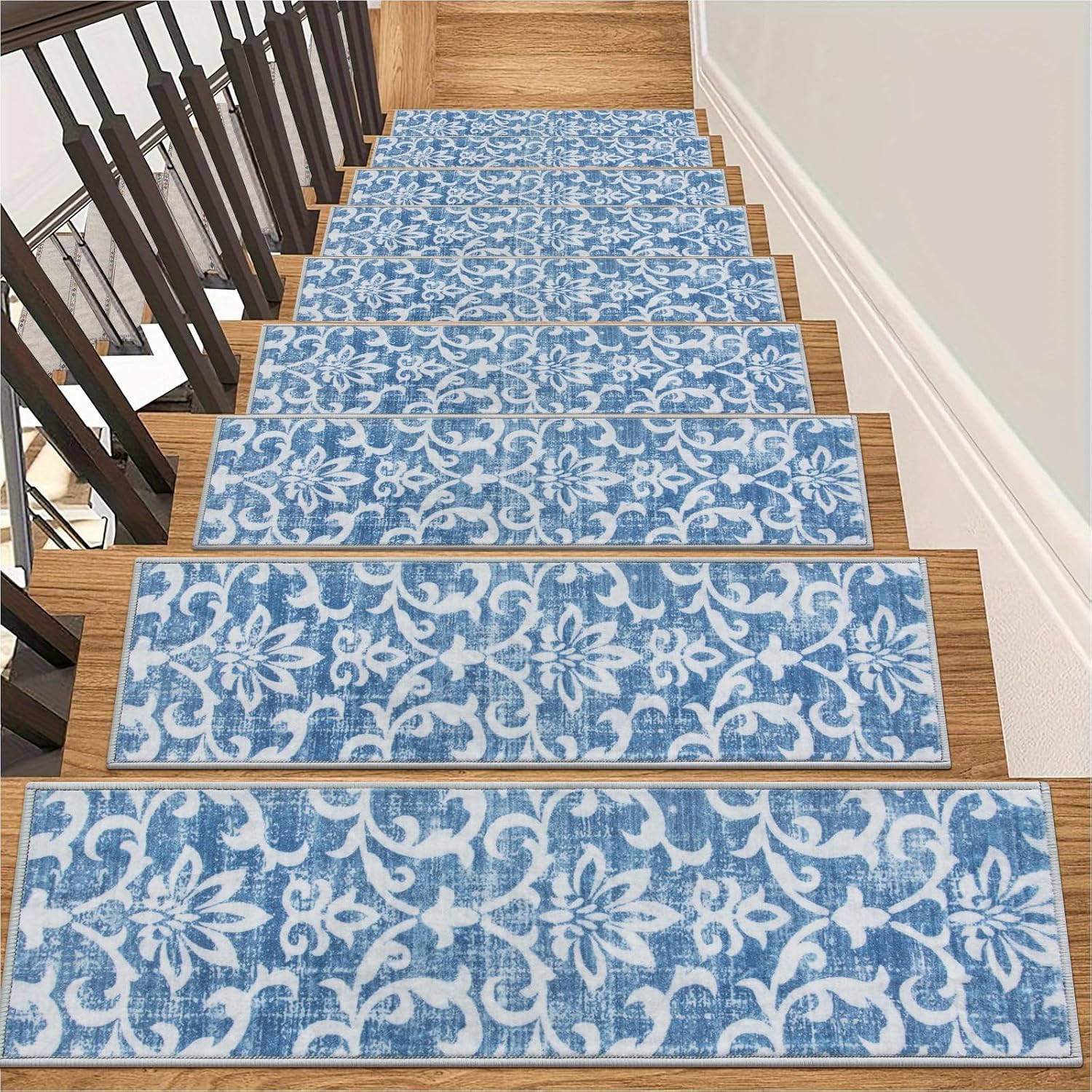 Blue Non Slip Washable Stair Carpet Treads