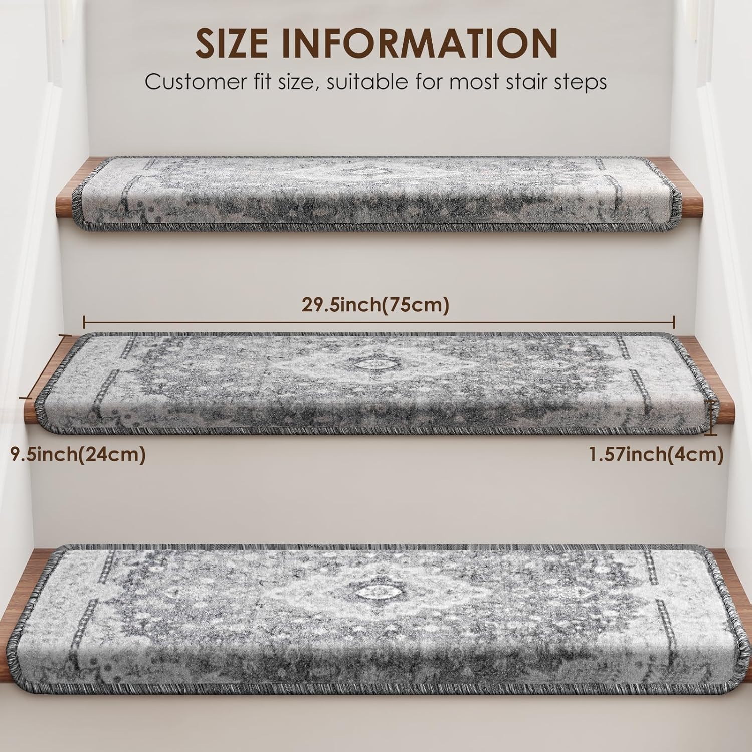 Non Slip Grey Washable Stair Carpet Treads
