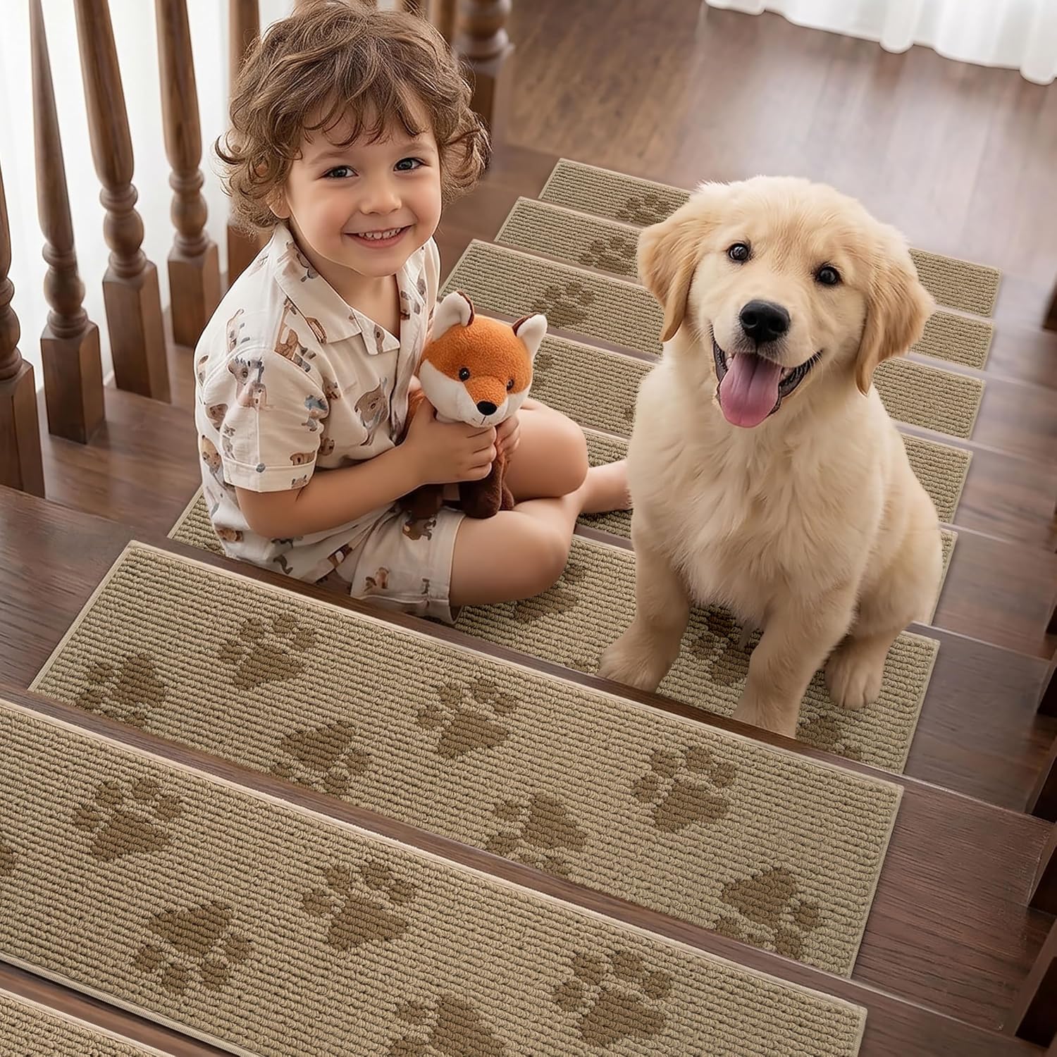 Beige Self-Adhesive Non Slip Stair Rugs